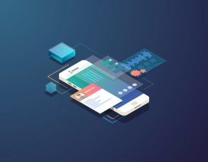 Mobile development concept. Isometric mobile phone with futuristic UI and layers of applications. App on mobile phone. Innovation in UI and software development.